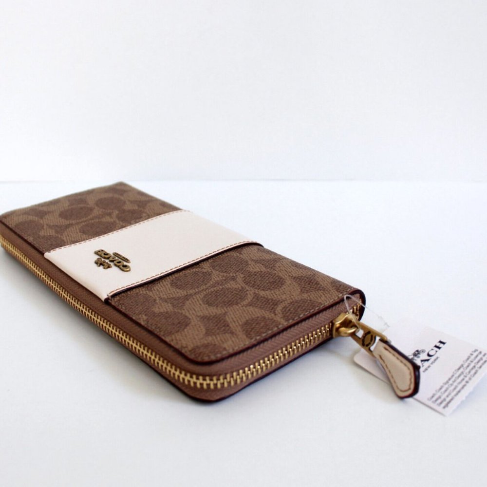 Coach Signature Coated Canvas Colorblock Leather Slim Accordion Zip Wallet Tan - Picture 3 of 7